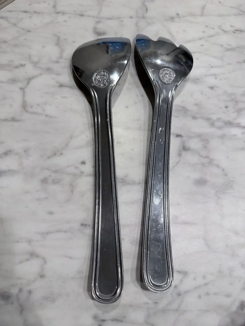 Wilton Armetale Salad Serving Spoon & Fork Set Beaded Pattern Aluminum Alloy USA